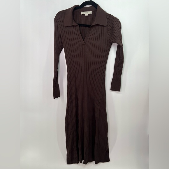 LOFT Chocolate Brown Ribbed Collared Polo Long Sleeve Knit Midi Dress M Medium - Picture 5 of 10